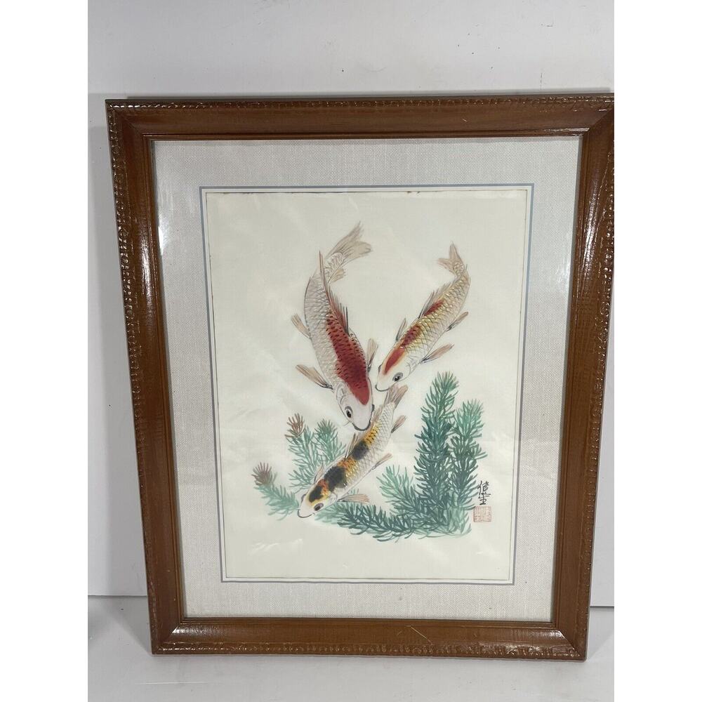 Stunning Vintage Koi Fish Painting of Fish Signed &‎ Framed Japan 18”x22.5” Rare